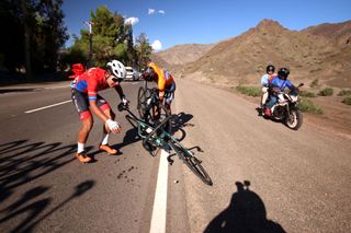 Tomas Contte (Argentina), in the orange mountains jersey, was involved in a crash on stage 4