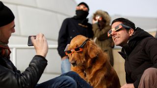 a person on the left takes a photo of a man and a dog both wearing solar eclipse glasses with two people also wearing eclipse glasses stood in the background.