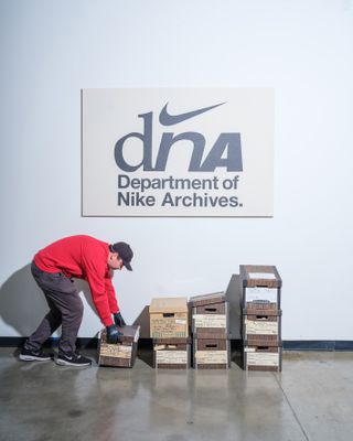 Documents wait to be refiled at the Department of Nike Archives (DNA), Beaverton, Oregon, 2024