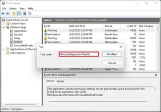 Search MemoryDiagnostics-Results in Event Viewer