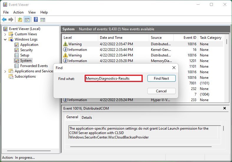 Search MemoryDiagnostics-Results in Event Viewer