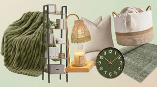 Home decor items on green and beige gradient background