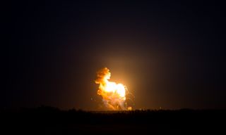 The Orbital Sciences Corporation Antares rocket, with the Cygnus spacecraft onboard suffers a catastrophic anomaly moments after launch from the Mid-Atlantic Regional Spaceport Pad 0A, Tuesday, Oct. 28, 2014, at NASA's Wallops Flight Facility in Virginia.