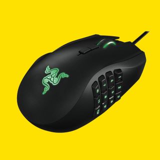 An image of a Razer Naga Left-Handed Edition gaming mouse against a yellow background