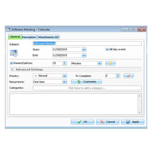 When you set up each event, you can set a reminder, priority level and percentage complete, as well as make it a recurring event.