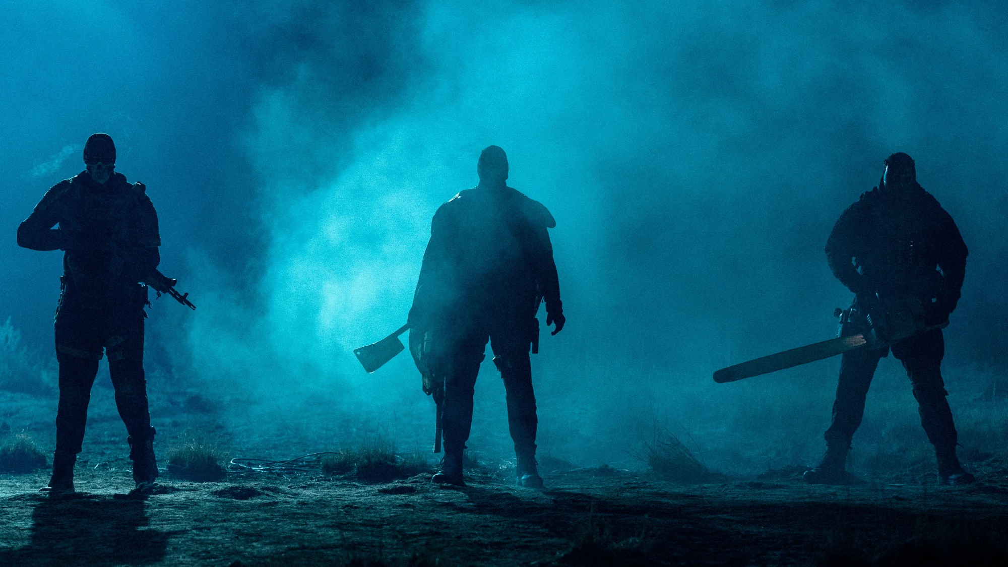 Three shadowy figures in with different weapons in their hands in Onslaught