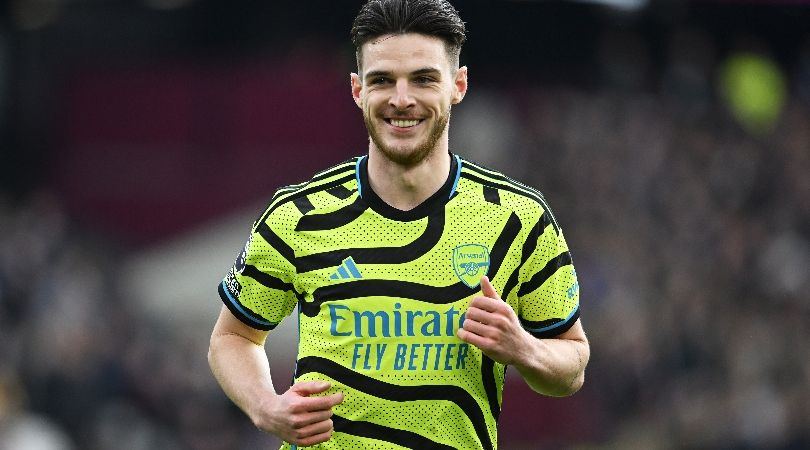 Declan Rice in action for Arsenal against his former club West Ham at the London Stadium in February 2024.