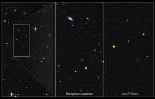 Dwarf galaxy Leo IV is hard to spot (left). A close-up view of the background galaxies within the box is shown in the middle image. The image at right shows only the stars in Leo IV. Image released July 10, 2012.