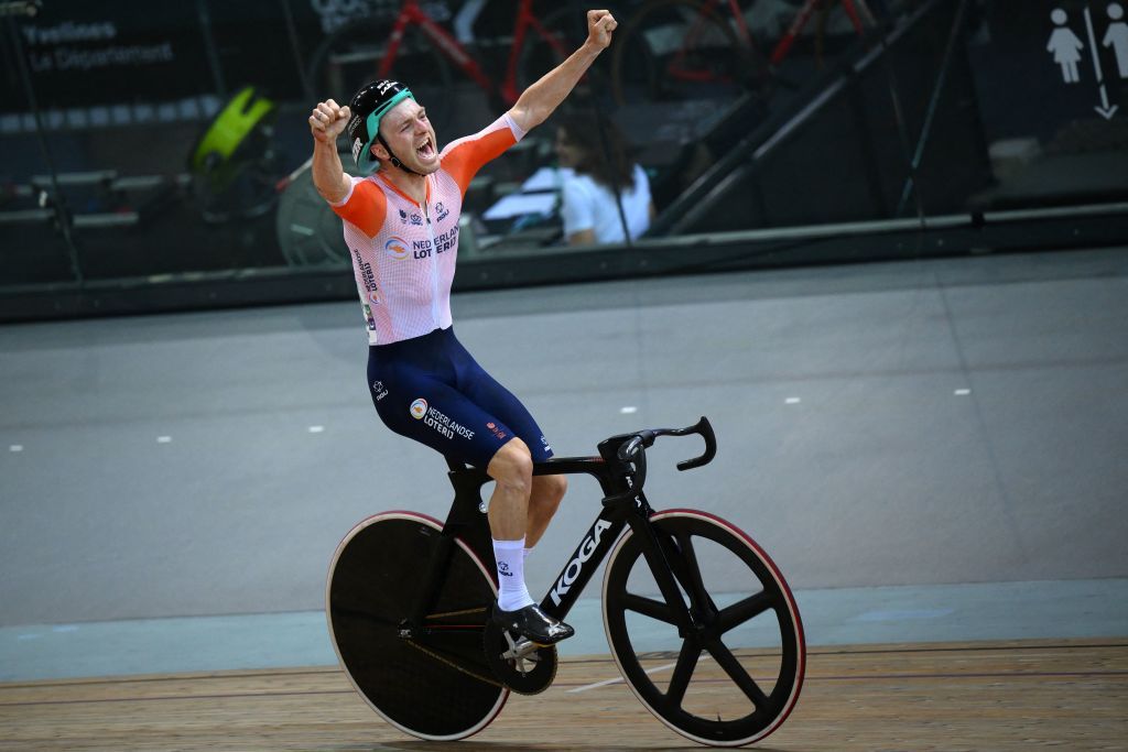 Netherlands Yoeri Havik celebrates his victory after winning the Mens Points Race 40 km final during the UCI Track Cycling World Championships at the Velodrome of SaintQuentinenYvelines southwest of Paris on October 14 2022 Photo by AnneChristine POUJOULAT AFP Photo by ANNECHRISTINE POUJOULATAFP via Getty Images