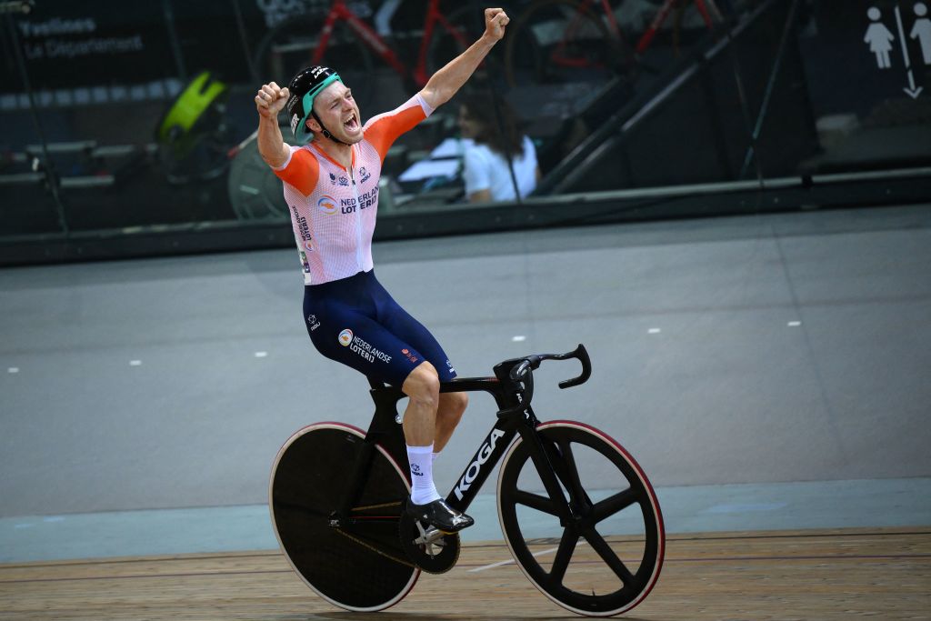 Netherlands Yoeri Havik celebrates his victory after winning the Mens Points Race 40 km final during the UCI Track Cycling World Championships at the Velodrome of SaintQuentinenYvelines southwest of Paris on October 14 2022 Photo by AnneChristine POUJOULAT AFP Photo by ANNECHRISTINE POUJOULATAFP via Getty Images