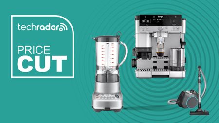 home appliances on cyan background with price cut