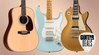 Martin HD28, Fender Vintera Roadworn Strat and Epiphone Les Paul on a peach-coloured background with a Guitar World Deals tag