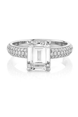 Best Engagement Ring Brands 2023 | Logan Hollowell Emerald Cut Diamond Setting with Pavé Cloud Fit Band
