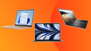 three of the best lightweight laptops on an orange background