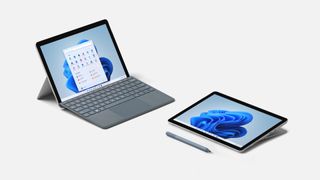 A photograph of two Microsoft Surface Go 3 units showing laptop and tablet modes