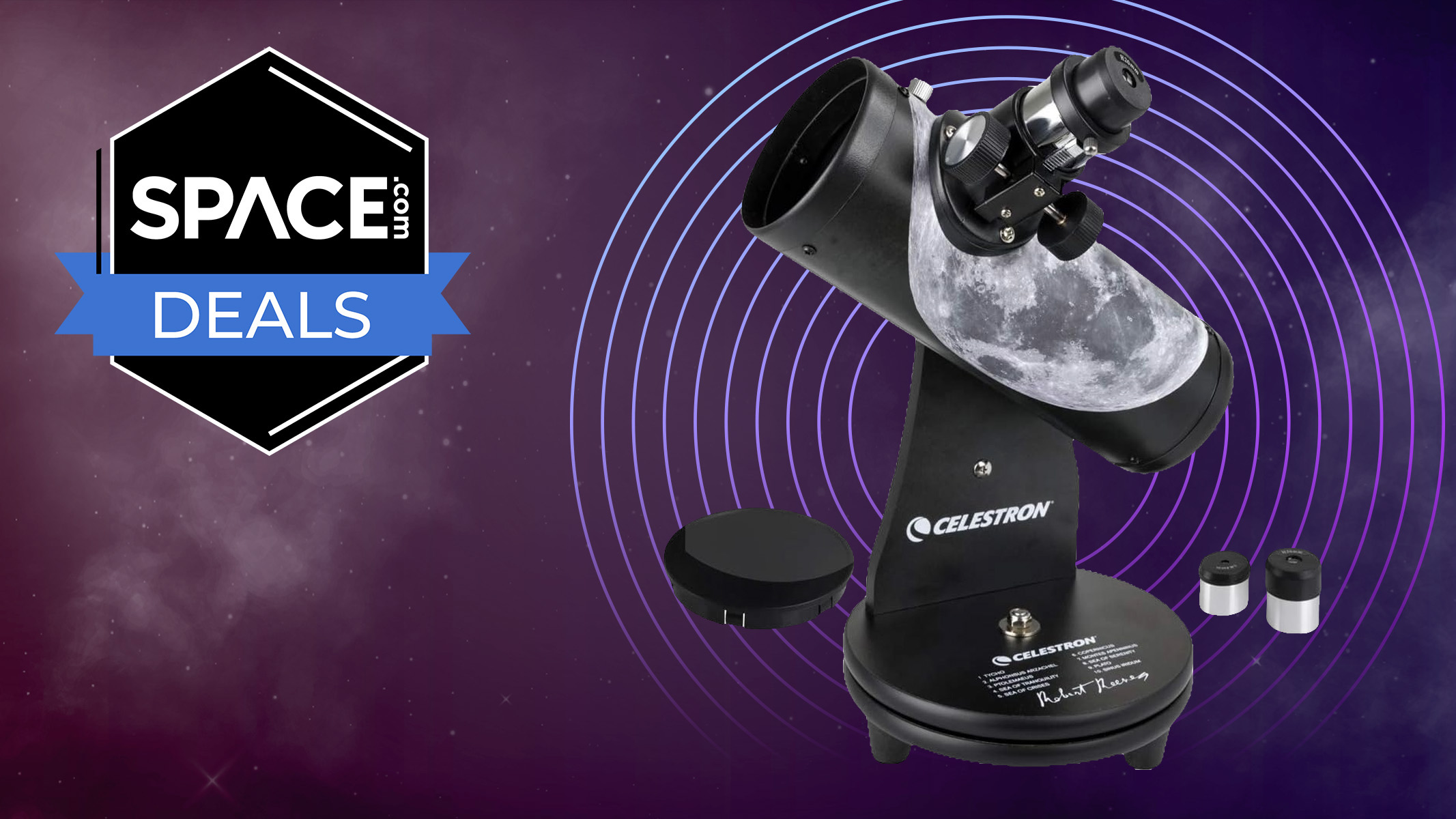 A Celestron Classic Firstscope 76mm Tabletop Telescope against a purple background with concentric circles and a Space Deals logo. 