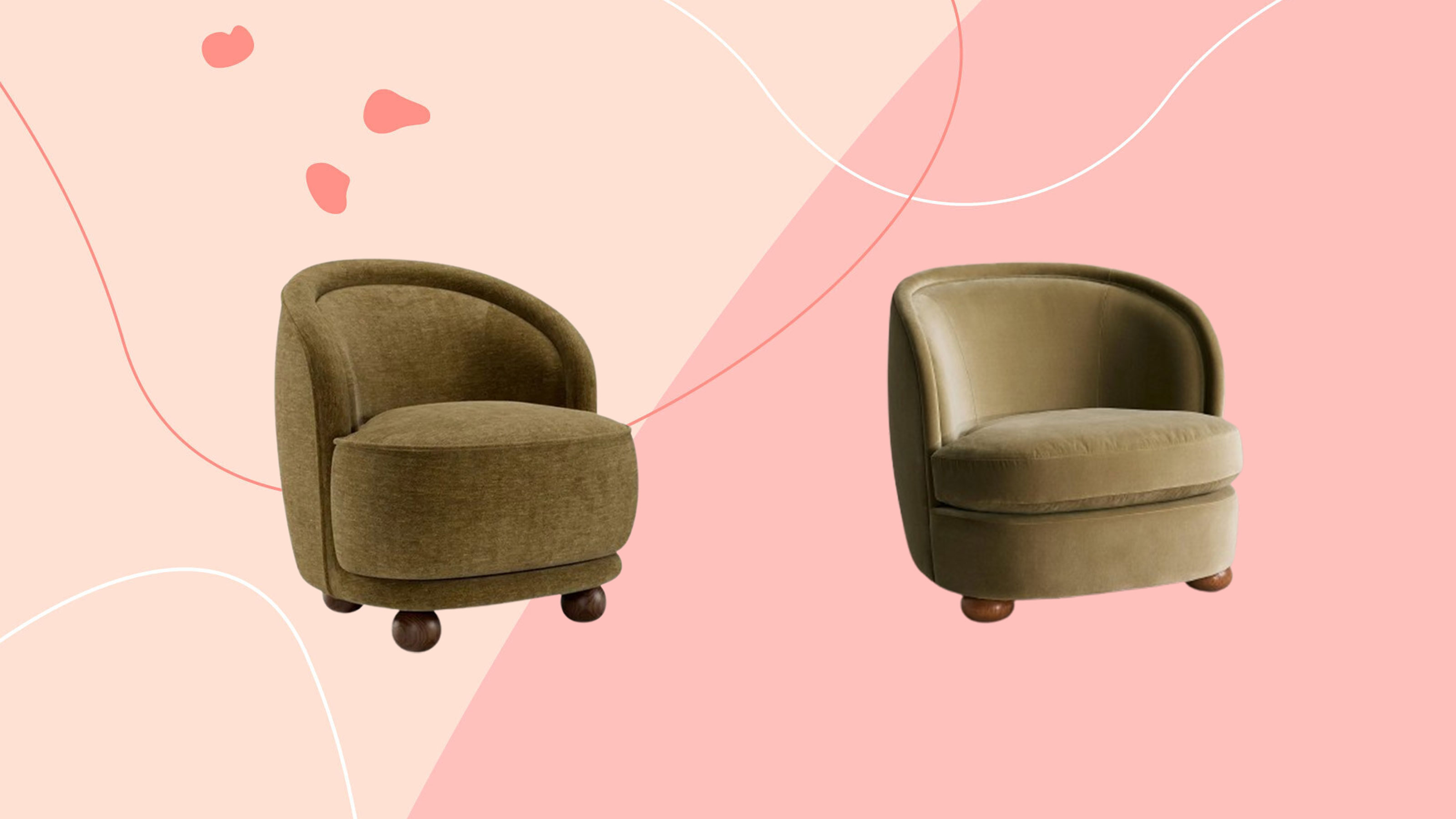 Two green tub armchairs on a pink background