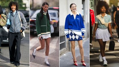 A guest wears green college jacket, beige button shirt, skirt & a guest wears cap, blue coat, white pleated skirt, shirt outside Lacoste during the Womenswear Fall/Winter 2024/2025 as part of Paris Fashion Week on March 05, 2024 in Paris, France.