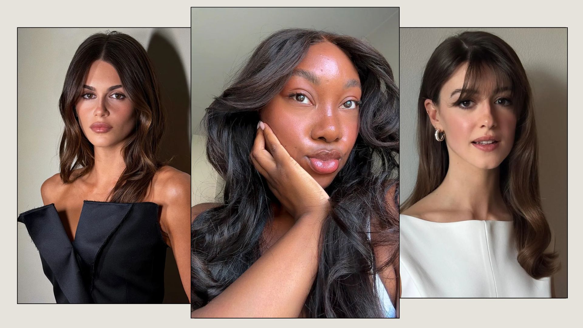 A collage of celebrities and influencers with deep brown, "cocoa core" hair