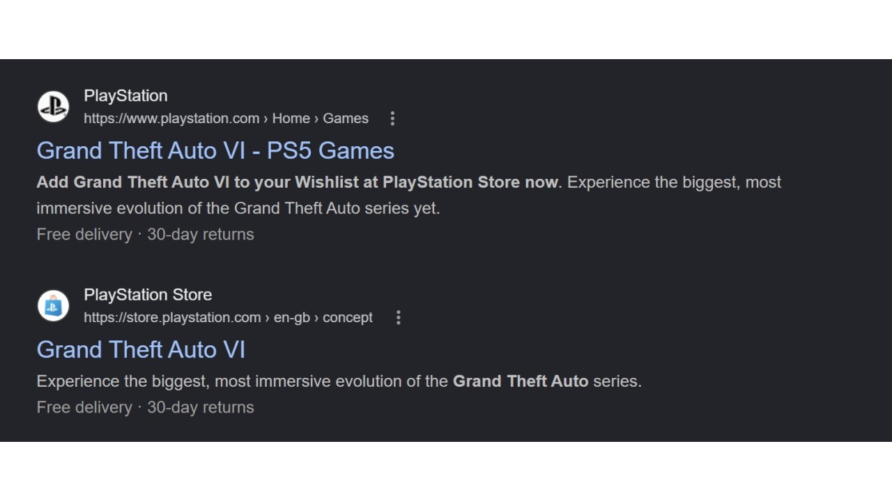 Google search listings for PS Store showing 'free delivery' option underneath GTA 6