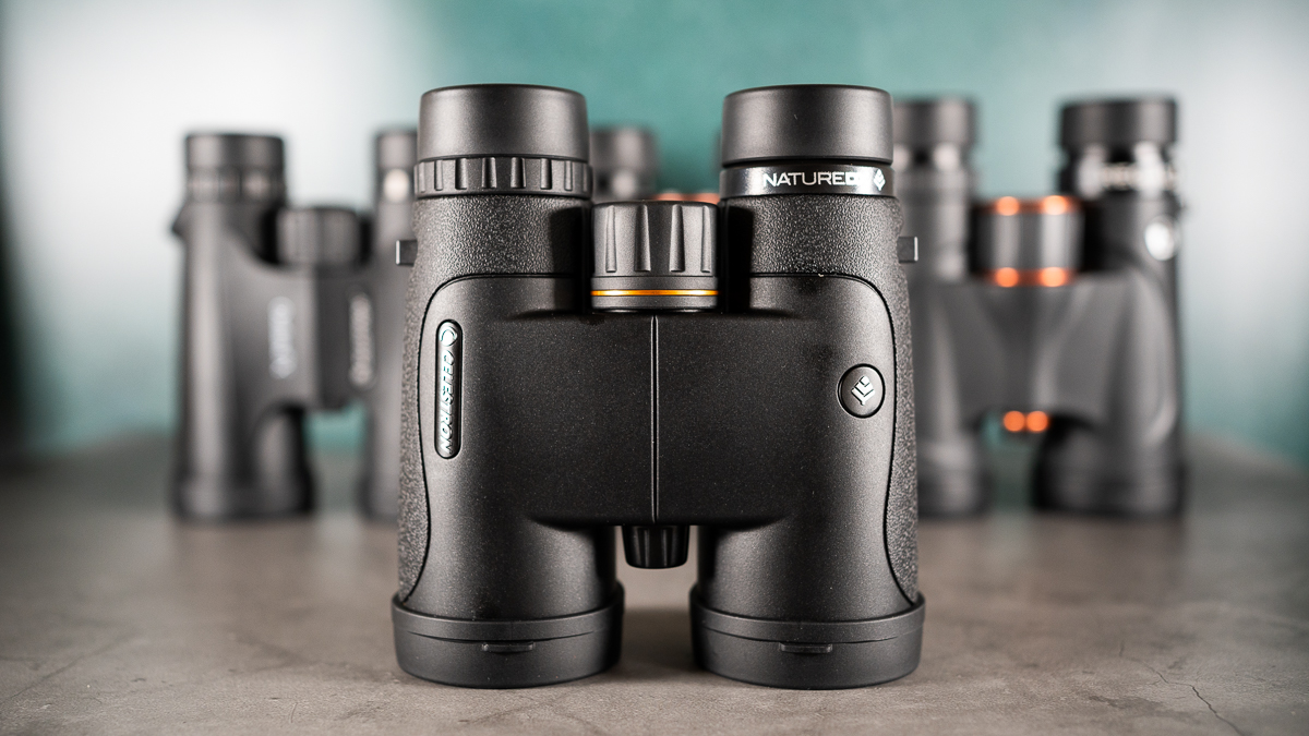 Celestron Nature DX 10x42 binoculars against a dark background