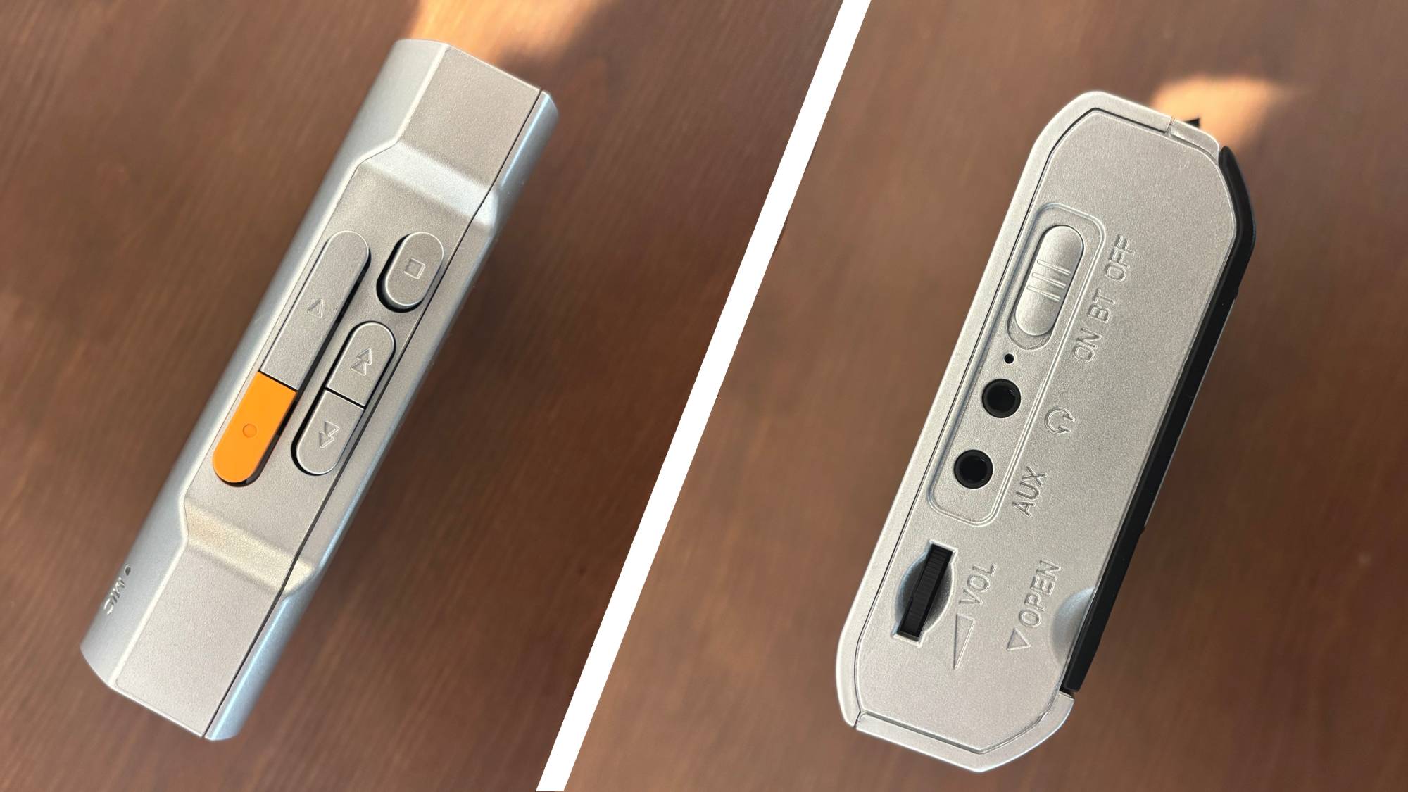 A split image of the Miko cassette player's buttons and controls