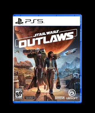 box for the video game "star wars outlaws," showing a woman and a humanoid alien walking in a desert landscape beneath a giant moon