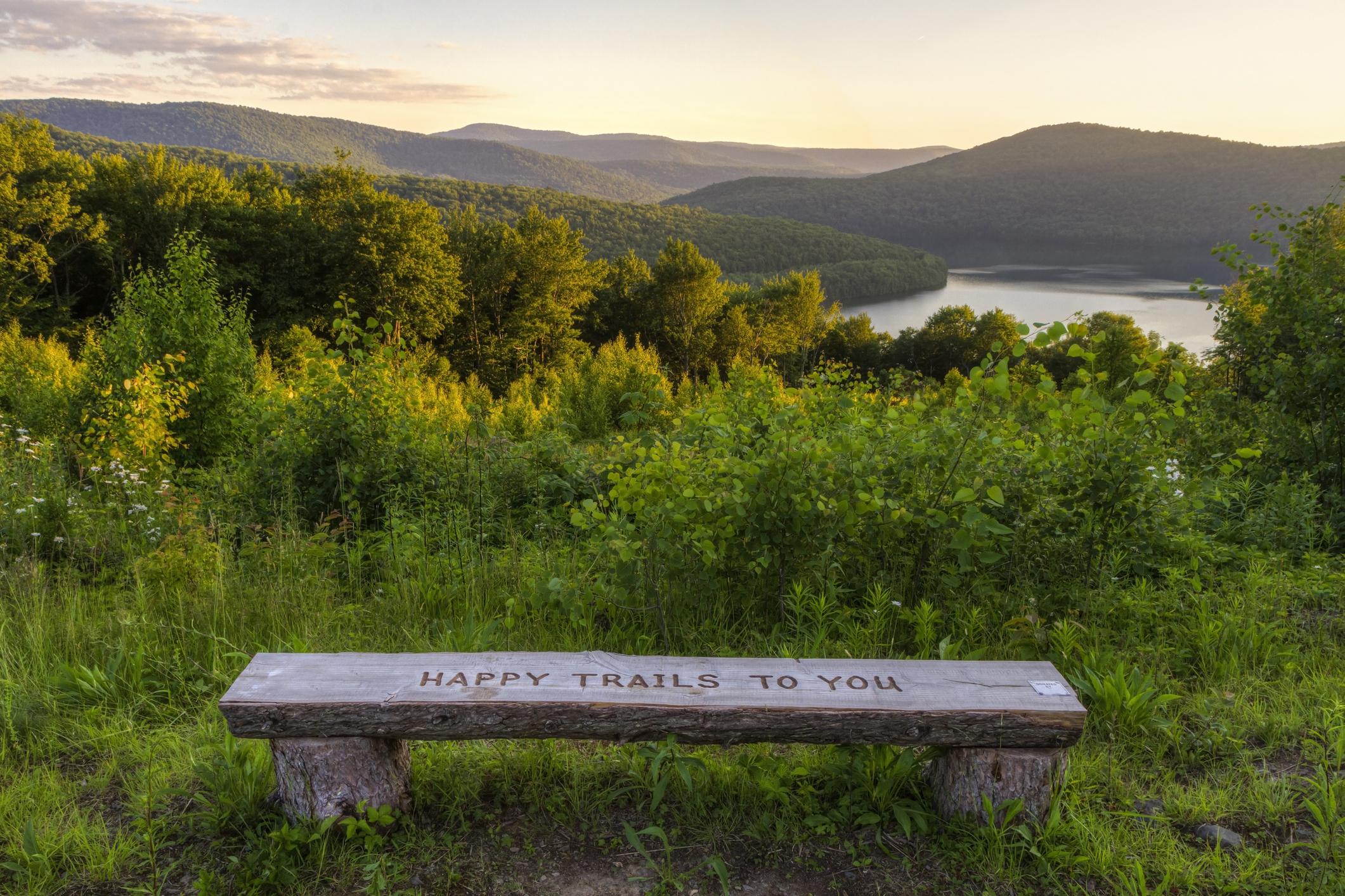 'Happy Trails to You' written on a log bench in Andes, New York