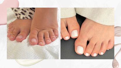 On the left is a close-up of someone's feet with a pink, milky pedicure, and on the right is someone else's feet but with a milky white pedicure, both by manicurist Milly Mason (@millymason_). Featured in a white template with pink and white nail polish streaks.