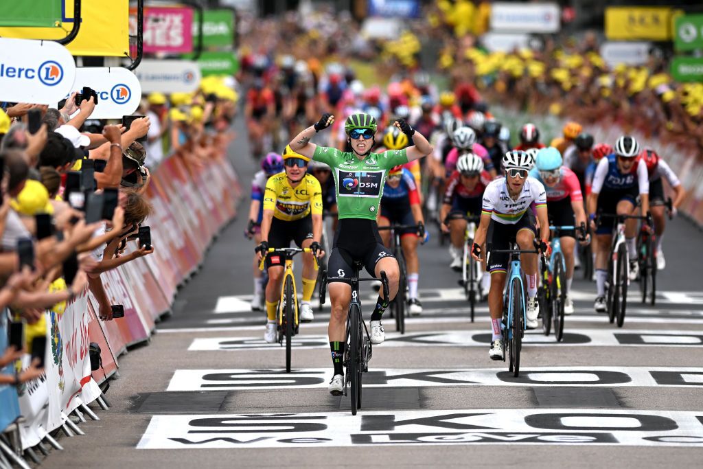 SAINTDIDESVOSGES FRANCE JULY 28 Lorena Wiebes of Netherlands and Team DSM Women Green Points Jersey celebrates at finish line as stage winner ahead of Elisa Balsamo of Italy and Team Trek Segafredo and Marianne Vos of Netherlands and Jumbo Visma Women Team Yellow Leader Jersey during the 1st Tour de France Femmes 2022 Stage 5 a 1756km stage from BarleDuc to SaintDidesVosges TDFF UCIWWT on July 28 2022 in SaintDidesVosges France Photo by Dario BelingheriGetty Images