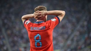 Jordan Henderson gestures during England's 1-1 draw with Ukraine in September 2023.