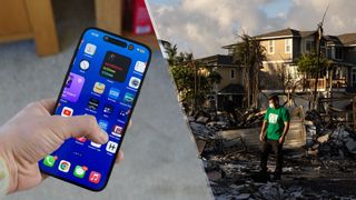 iPhone 14 split shot with Lahaina wildfire scene
