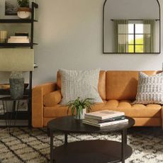 A modern lounge with a tan sofa, a round, black coffee table, and home accessories from Costway.