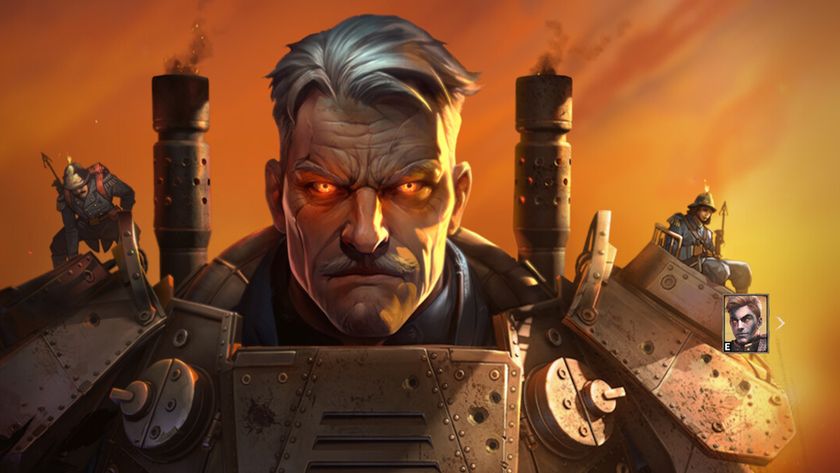 March of Giants promo screen - stern looking giant with soldiers on his shoulders