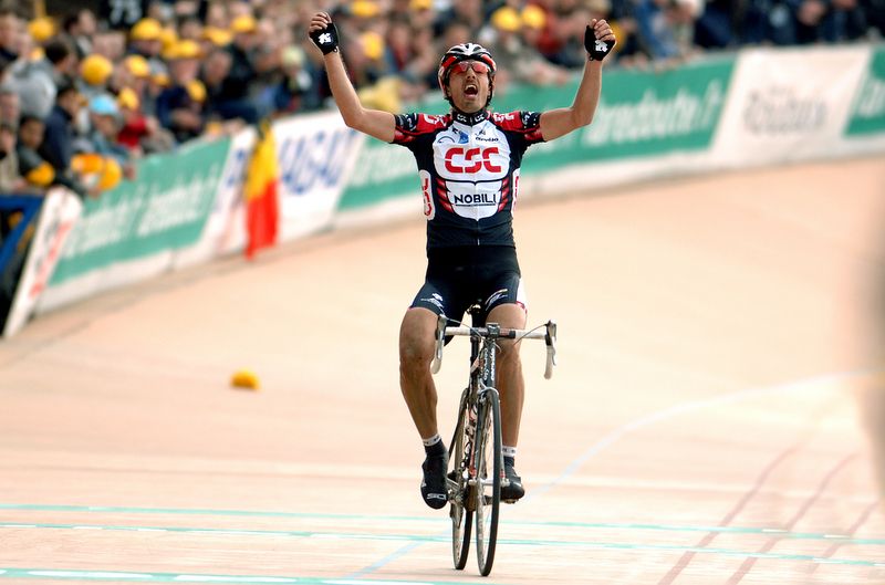 Fabian Cancellara celebrates his first Paris-Roubaix victory in 2006