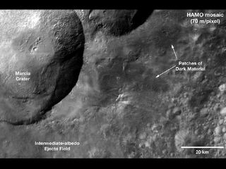 This mosaic from NASA's Dawn spacecraft shows dark material near a series of craters known as the "snowman" on Vesta. That ejected material is a complex mixture of components. They likely include both dark material thrown out from the craters during the impacts that created them (ejecta), and darker melt that occurred during the impact. The images were obtained from Oct. 11 to 16, 2011.