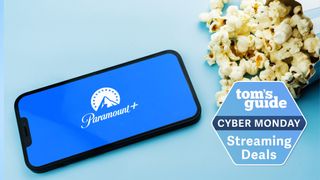 Paramount Plus logo on iPhone net to bag of popcorn 