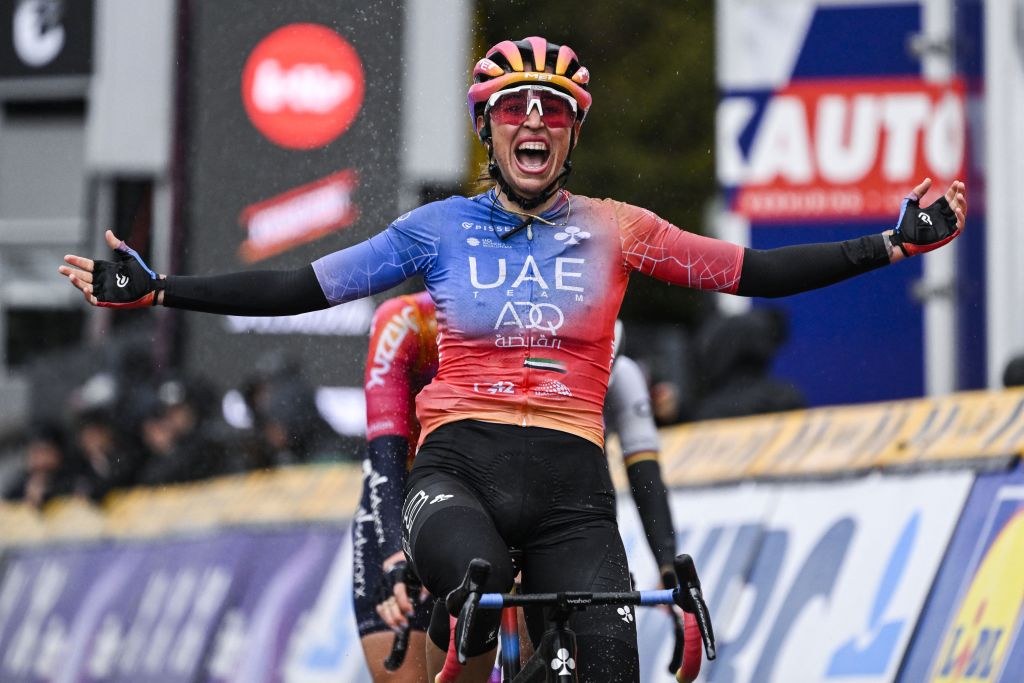 Italian Silvia Persico of UAE Team ADQ celebrates as she crosses the finish line to win the sprint at the finish of the womens Brabantse Pijl one day cycling race 1412km from Leuven to Overijse on April 12 2023 Photo by Tom Goyvaerts Belga AFP Belgium OUT Photo by TOM GOYVAERTSBelgaAFP via Getty Images