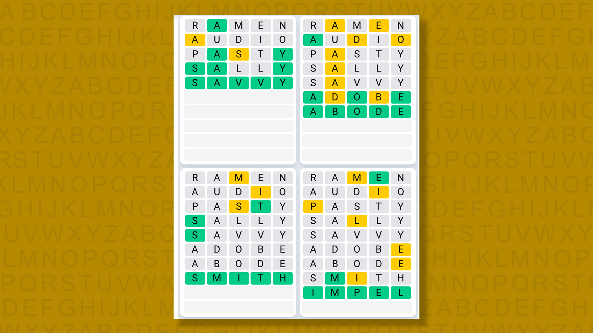 Quordle Daily Sequence answers for game 1592 on a yellow background
