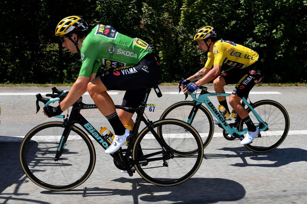 MEGEVE FRANCE AUGUST 15 Primoz Roglic of Slovenia and Team Jumbo Visma Yellow Leader Jersey Injury Wout Van Aert of Belgium and Team Jumbo Visma Green Points Jersey during the 72nd Criterium du Dauphine 2020 Stage 4 a 1533km stage from Ugine to Megeve 1458m dauphine Dauphin on August 15 2020 in Megeve France Photo by Justin SetterfieldGetty Images