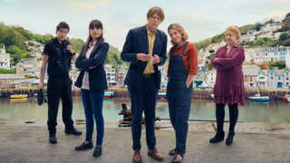 Kris Marshall as DI Humphrey Goodman, Sally Bretton as Martha Lloyd, Zahra Ahmadi as DS Esther Williams, Dylan Llewellyn as PC Kelby Hartford and Felicity Montagu as office support Margo Martins, in Death in Paradise spin-off series Beyond Paradise