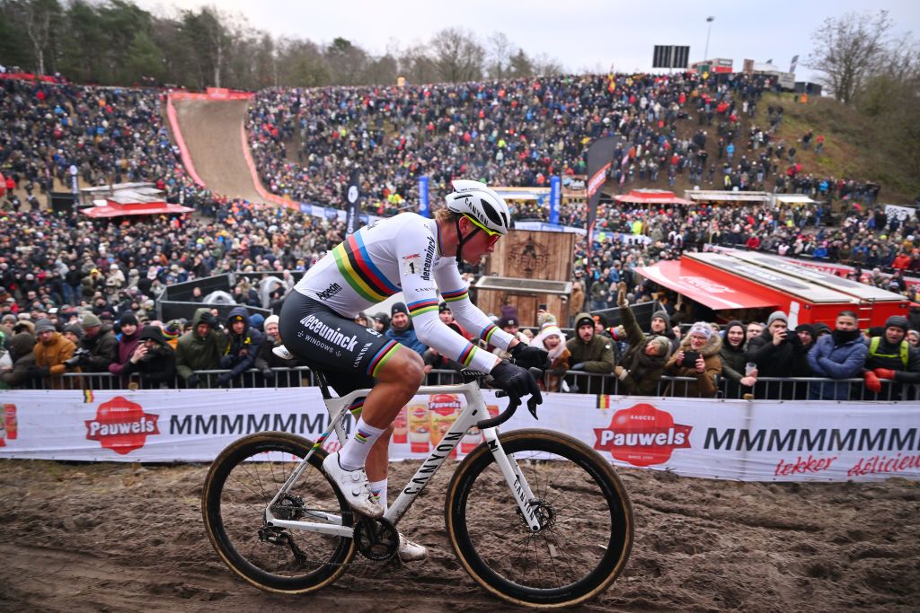 ZONHOVEN BELGIUM JANUARY 07 Mathieu Van Der Poel of The Netherlands and Team AlpecinDeceuninck competes during the 27th Zonhoven UCI CycloCross Worldcup 2024 Mens Elite on January 07 2024 in Zonhoven Belgium Photo by Luc ClaessenGetty Images