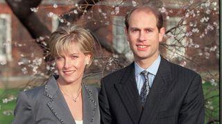 Prince Edward and Duchess Sophie posing for photographers at St. James's Palace during announcement of their engagement