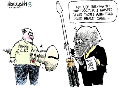 Political cartoon U.S. GOP tax cuts health care middle class