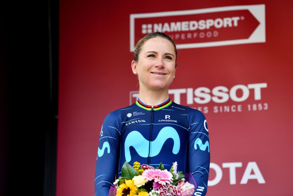 SIENA ITALY MARCH 05 Annemiek Van Vleuten of Netherlands and Movistar Team celebrates winning the second place on the podium ceremony after the Eroica 8th Strade Bianche 2022 Womens Elite a 136km one day race from Siena to Siena Piazza del Campo 321m StradeBianche on March 05 2022 in Siena Italy Photo by Luc ClaessenGetty Images