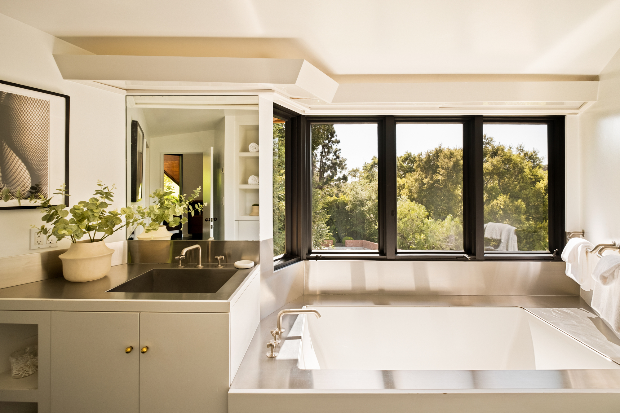 Image of a white bathroom showing a sink and vanity next to a tub. There are windows above the tub that are trimmed in black. The countertop and tub edge are stainless steel. A plant in a white vase is on the sink counter.