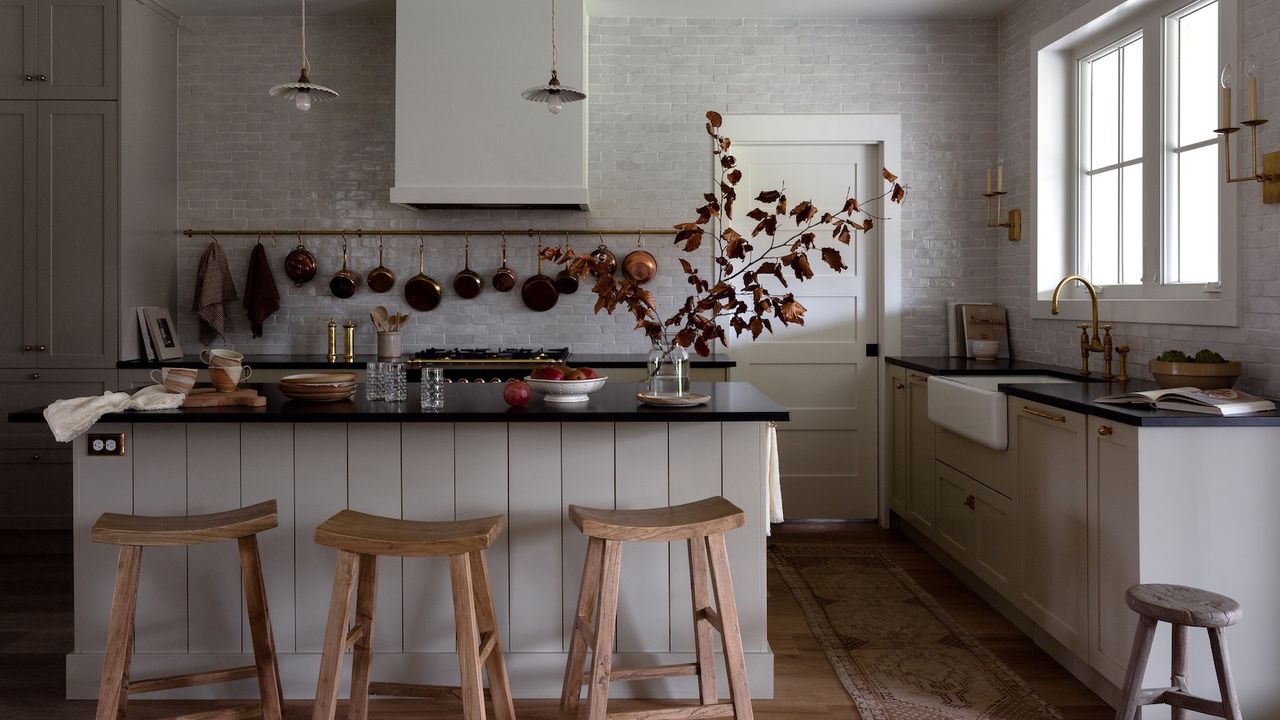 gray kitchen with tongue and groove island