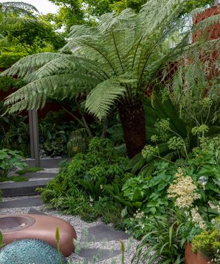palms and lush tropical planting beside stone seats and gravel and slab garden path