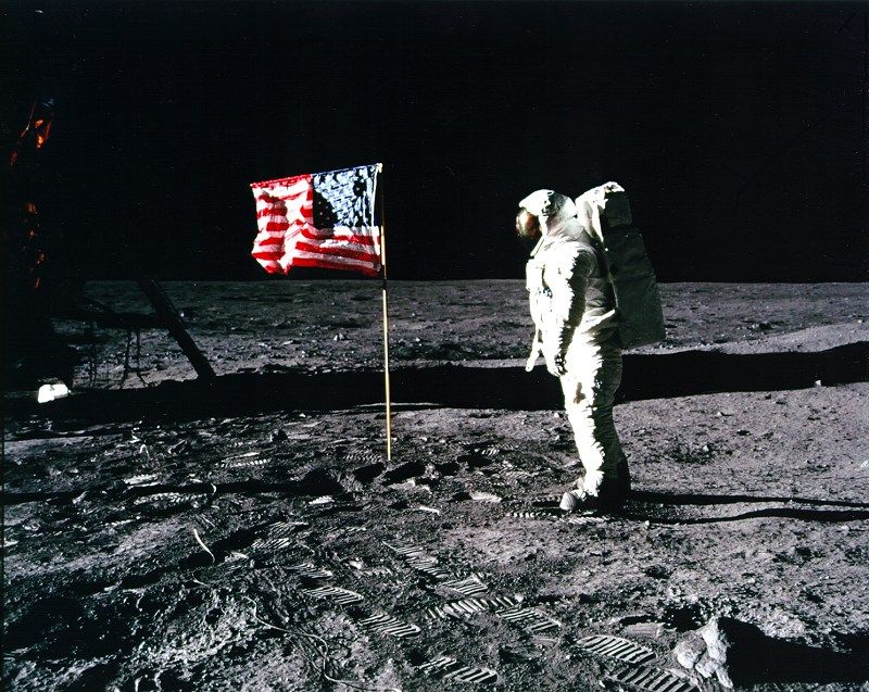 Buzz Aldrin saluting the U.S. flag on the surface of the moon