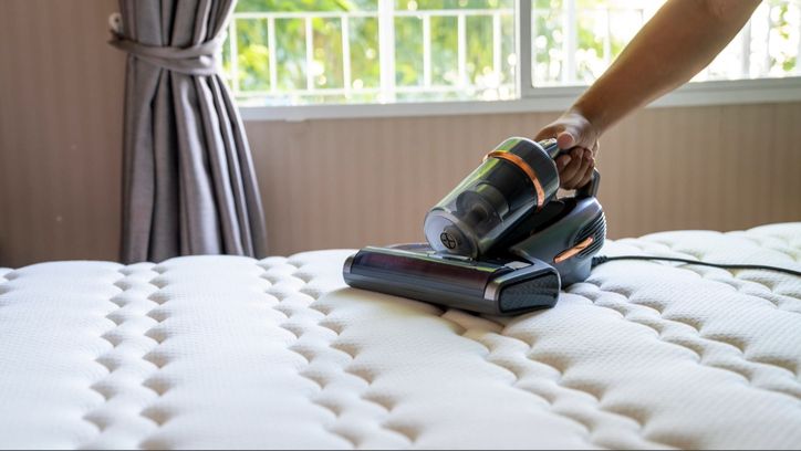 Image shows a person using a handheld mattress vacuum to remove dust mites, bugs and debris from the quilted top of a white mattress